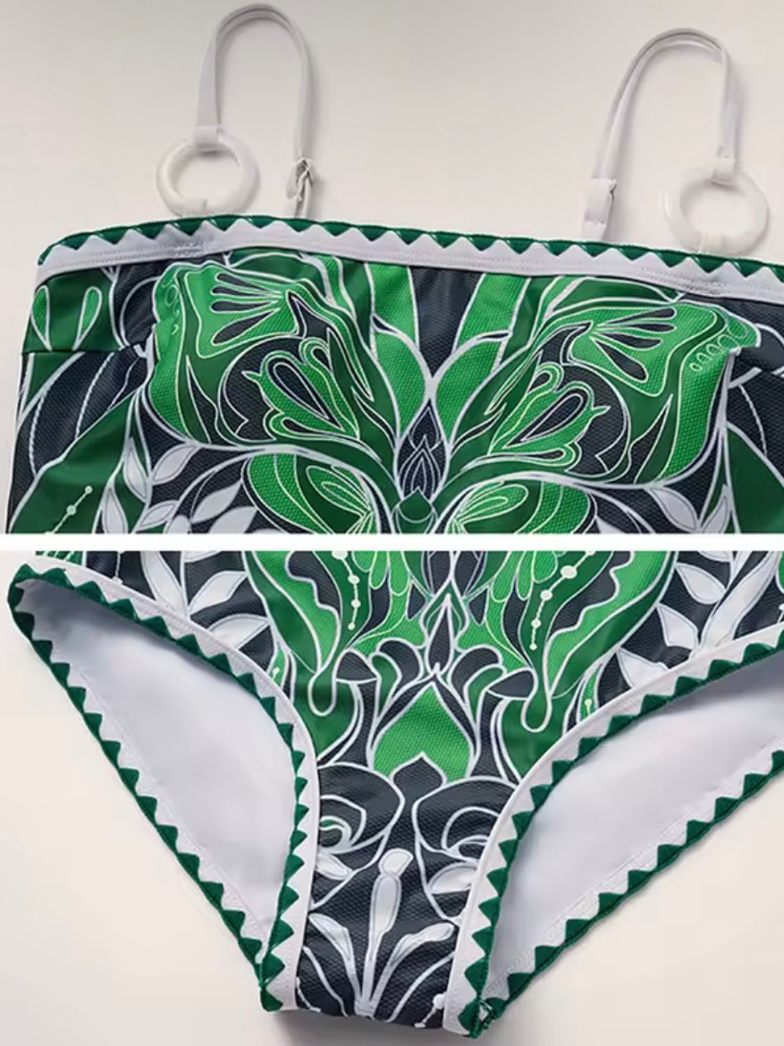 Green floral printed fabric set of 2, one piece swimsuit and mini skirt