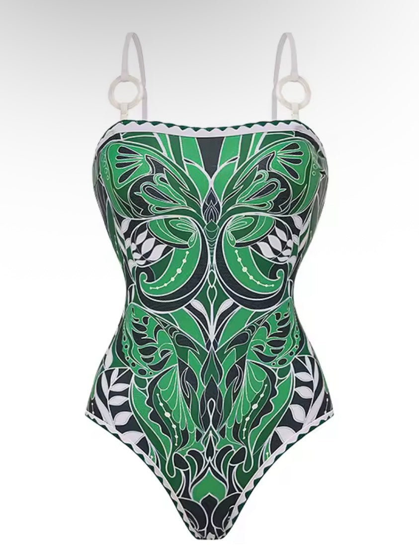 Green floral printed fabric set of 2, one piece swimsuit and mini skirt