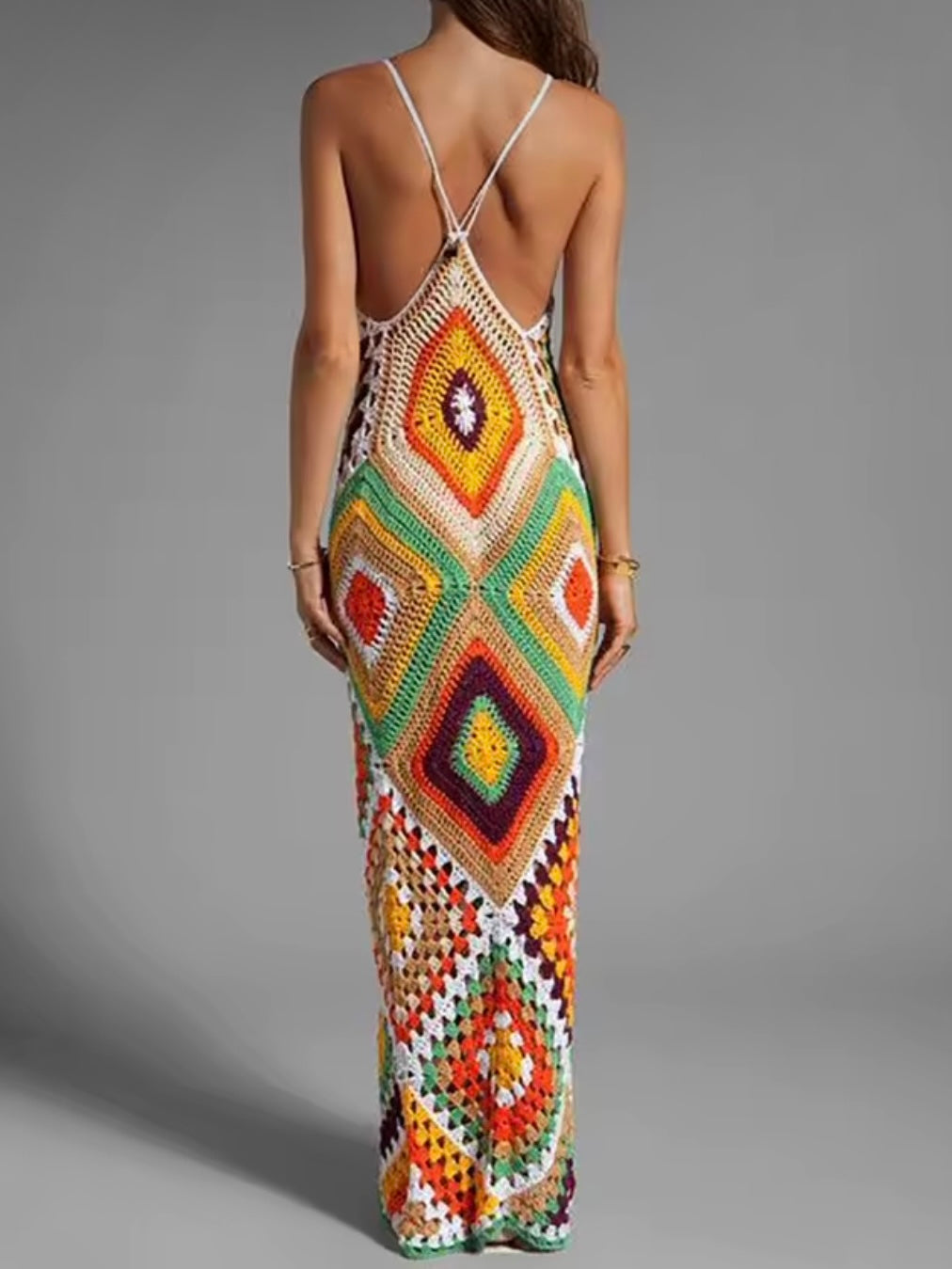 Geometrical knitted crochet maxi dress