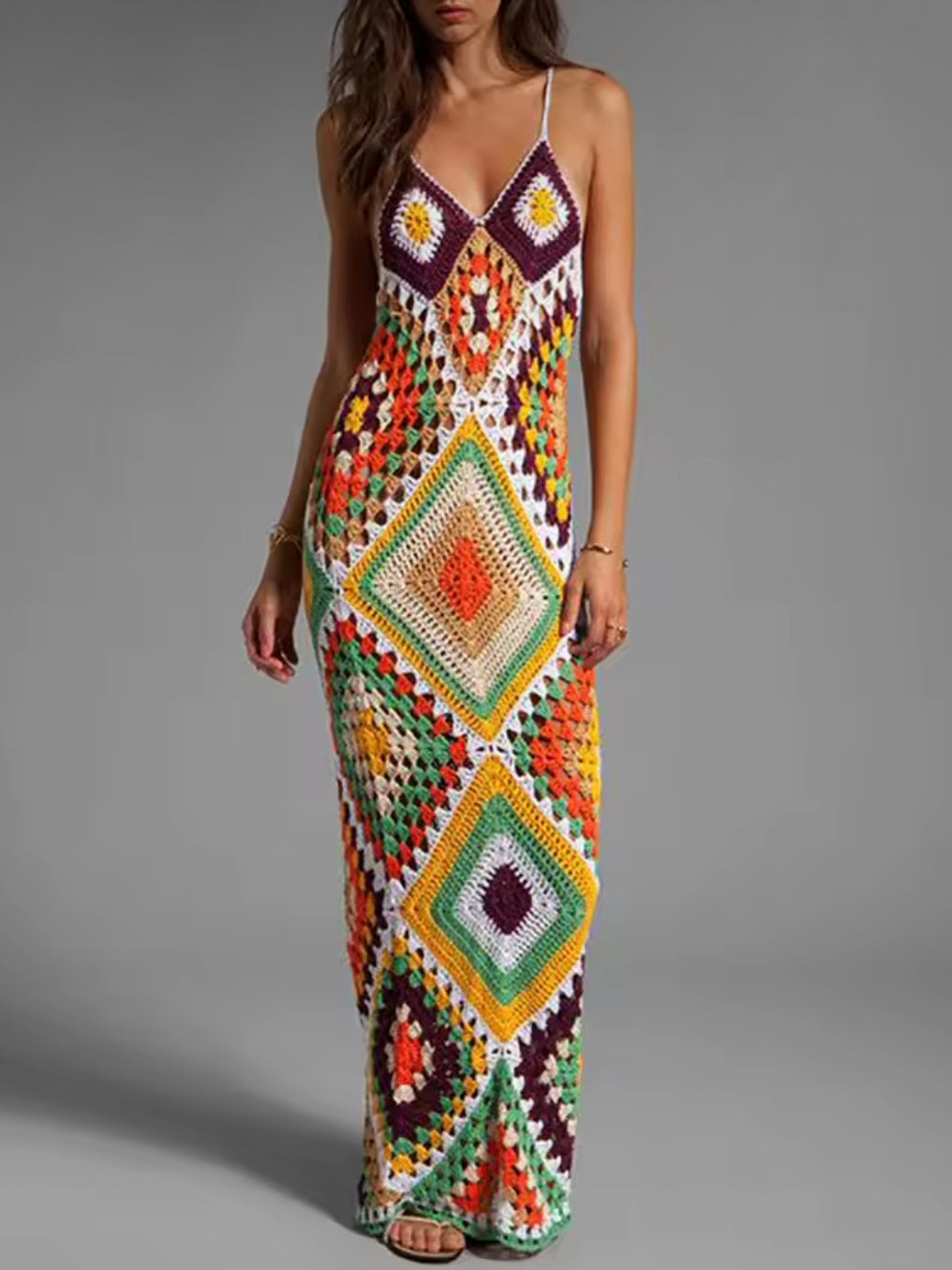 Geometrical knitted crochet maxi dress