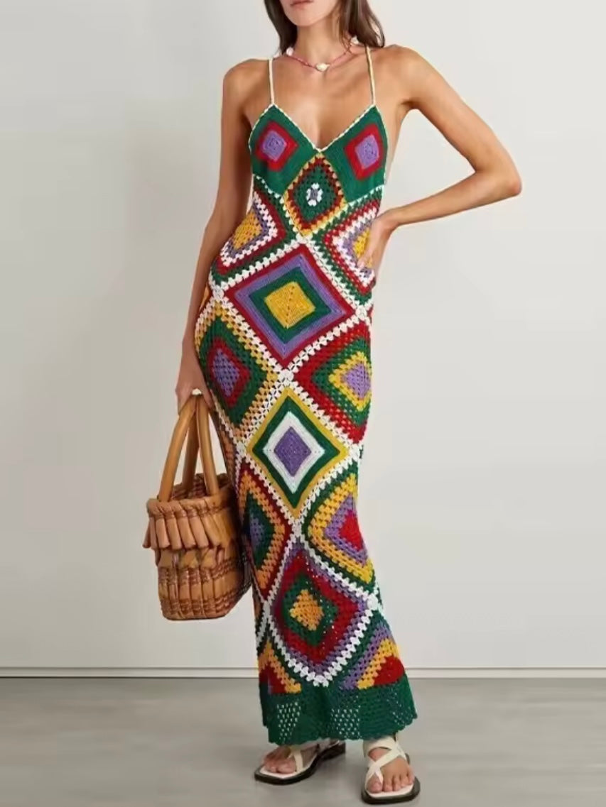 Green geometrical knitted crochet maxi dress