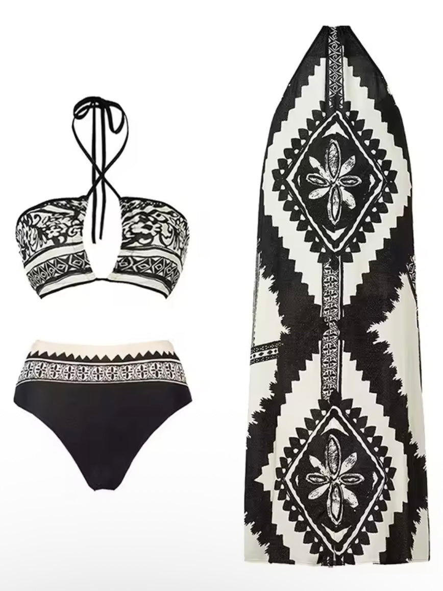 Black and white set of 3 pieces bikini and maxi skirt
