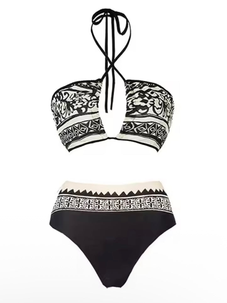 Black and white set of 3 pieces bikini and maxi skirt