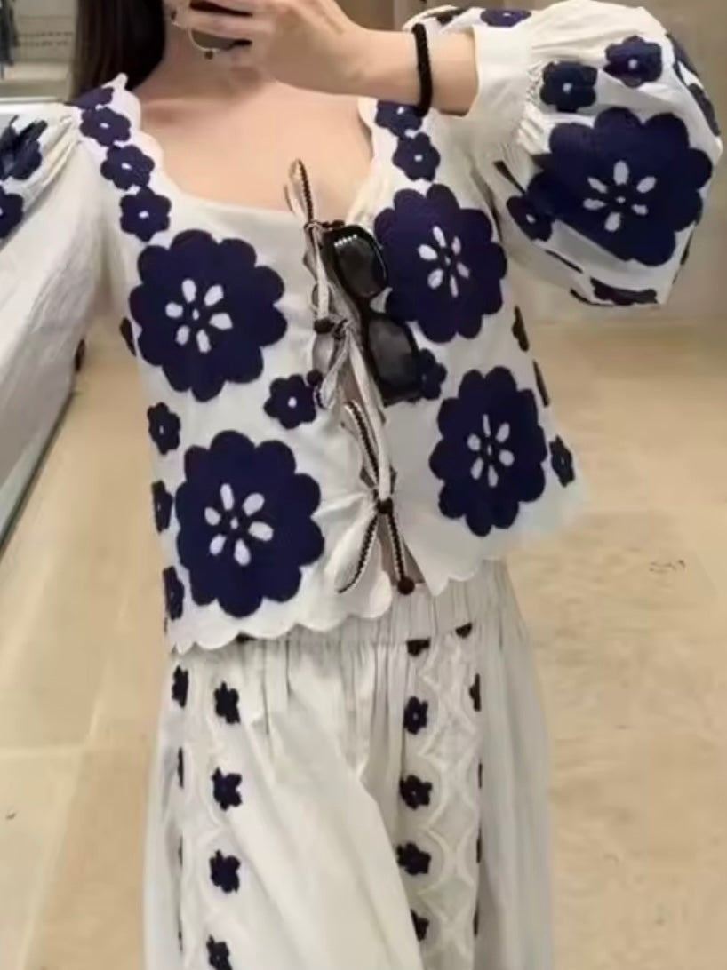 Off white and navy blue Set of 3 strapless crop top, jacket and skirt