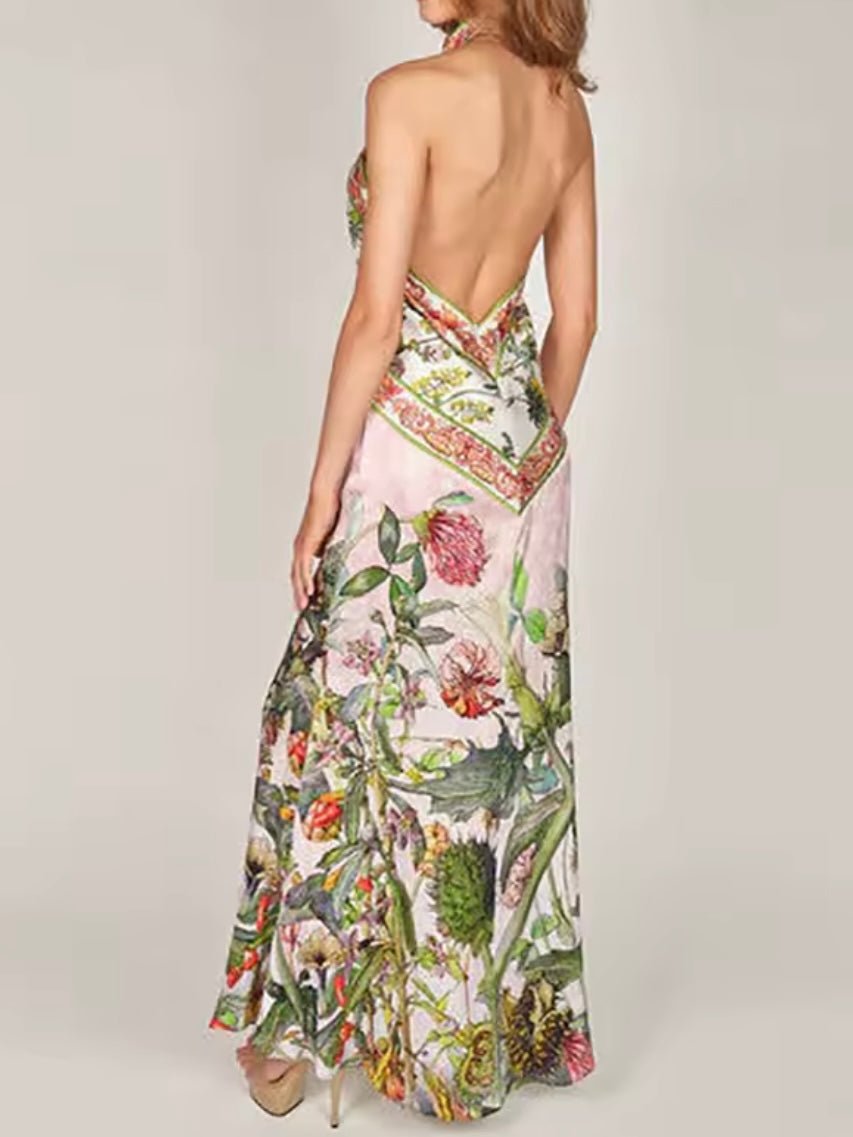 Pink and green floral printed maxi dress