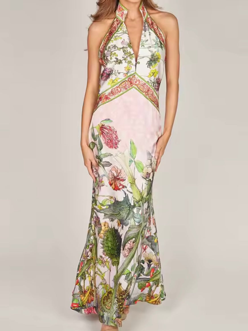 Pink and green floral printed maxi dress