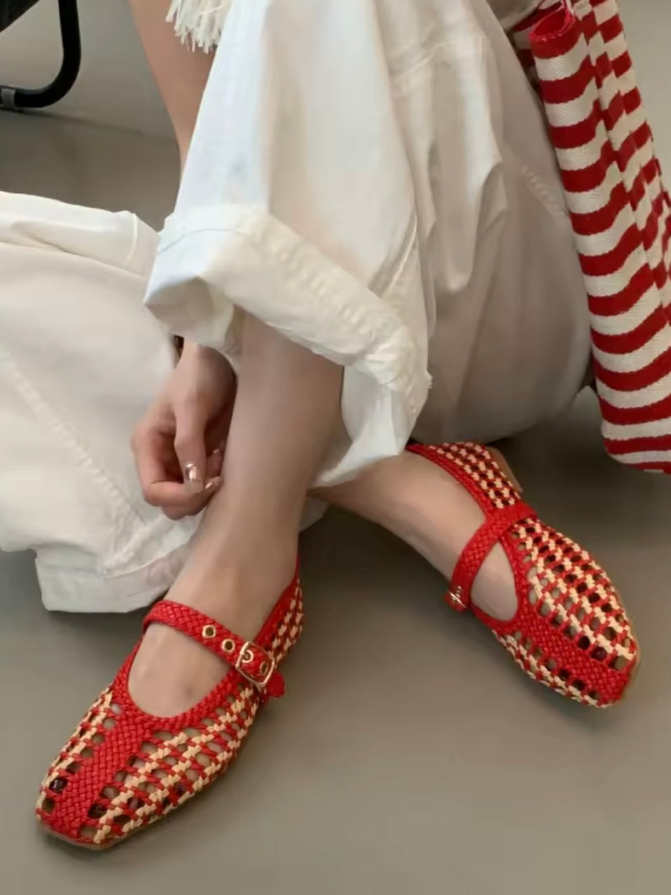 Brown and red Ballet net flats shoes
