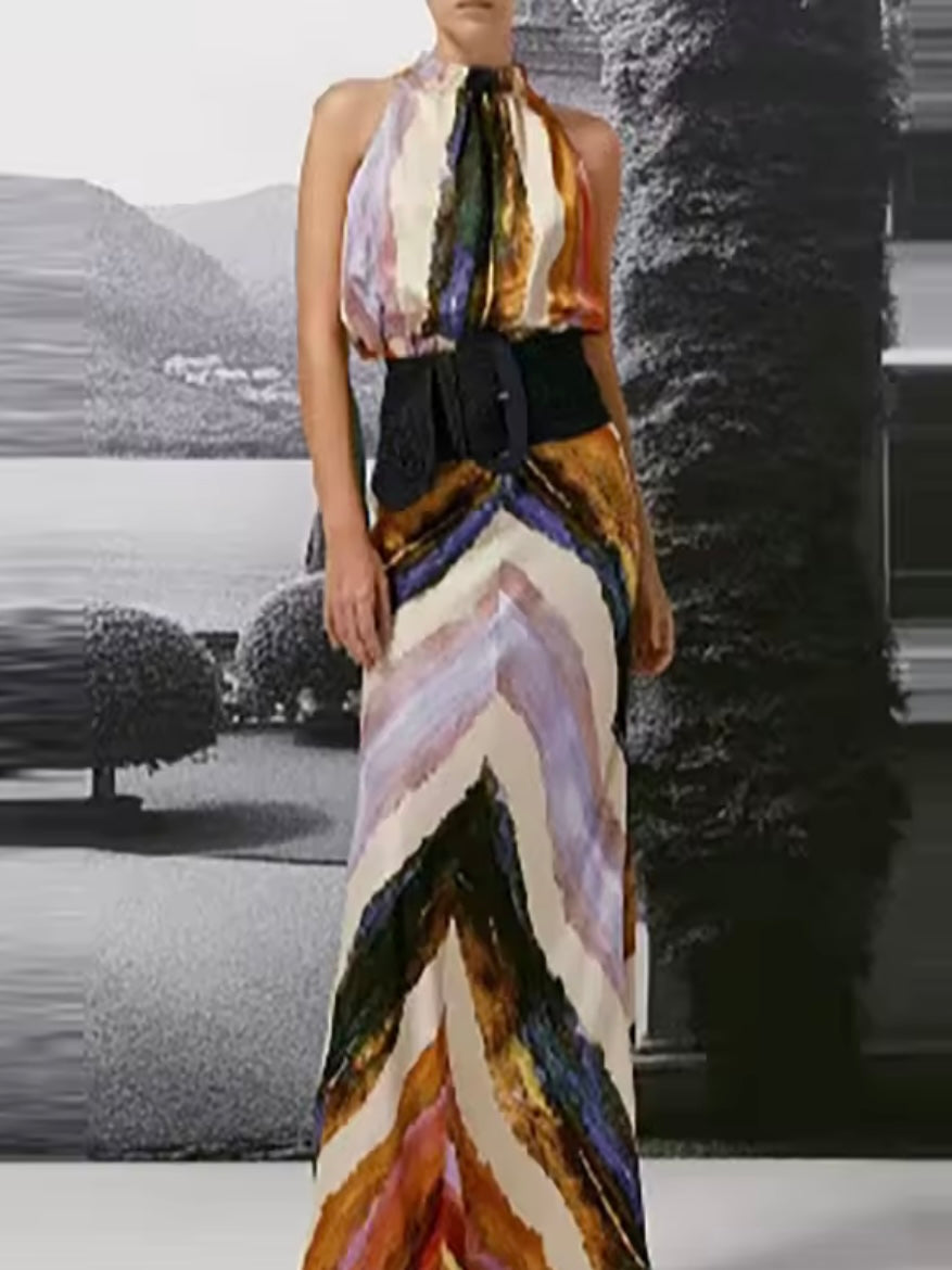 Beige and blue striped printed set of 2 vest top and tube skirt