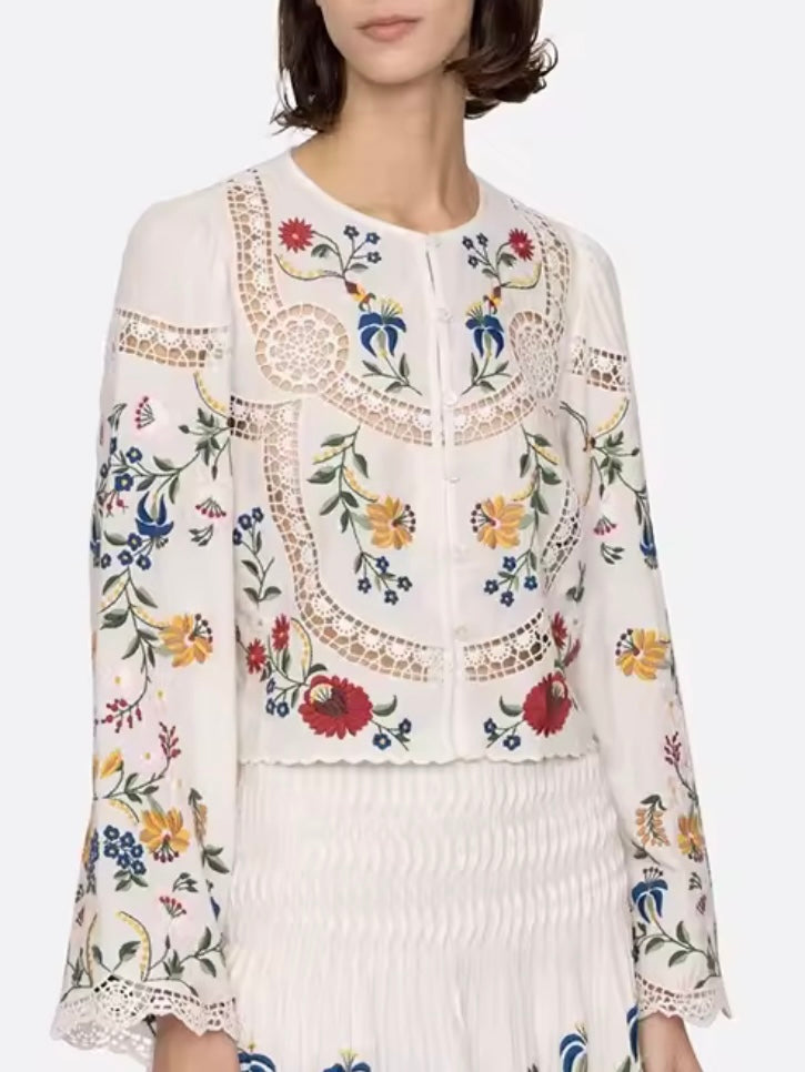 White and light blue embroidered floral shirt