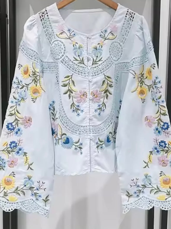 White and light blue embroidered floral shirt