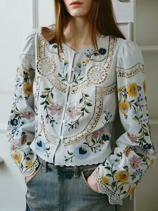 White and light blue embroidered floral shirt
