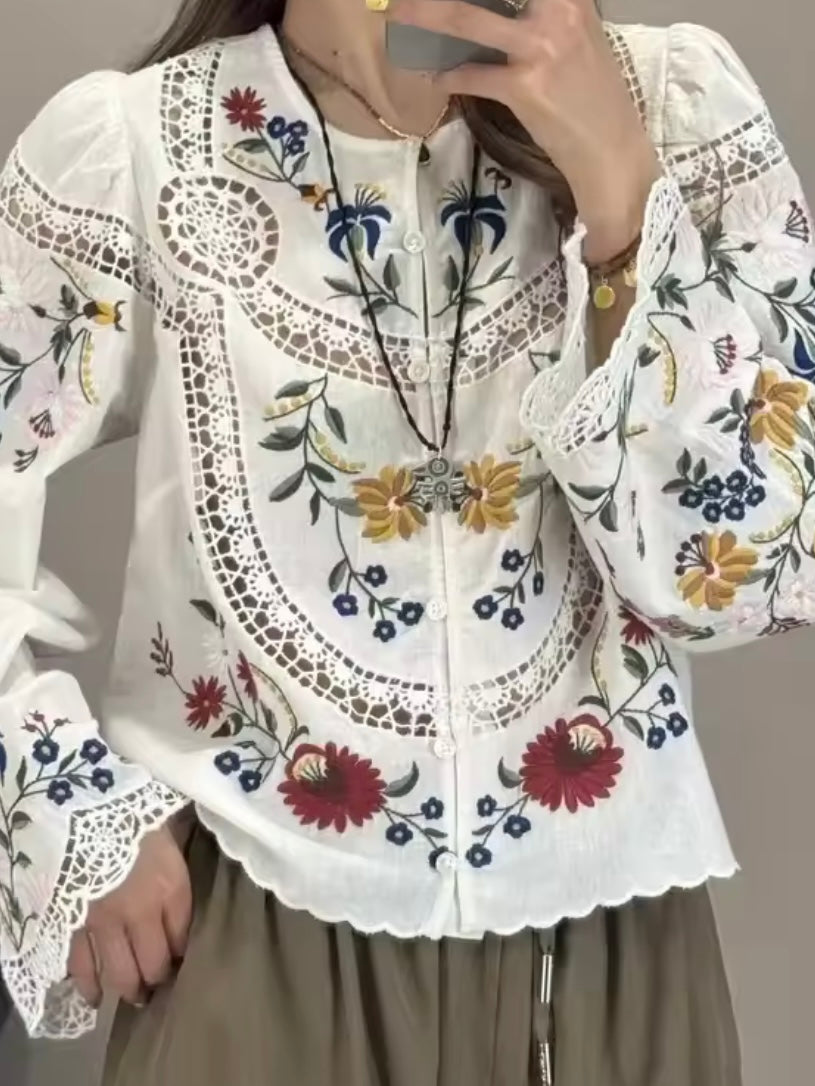 White and light blue embroidered floral shirt