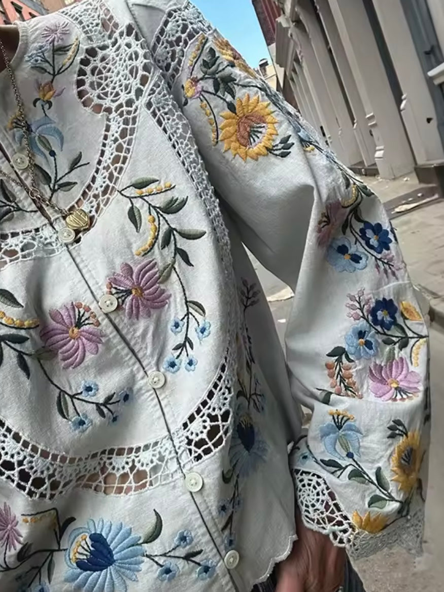 White and light blue embroidered floral shirt