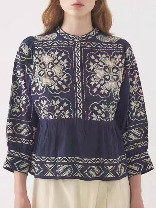 Navy blue and white embroidered shirt