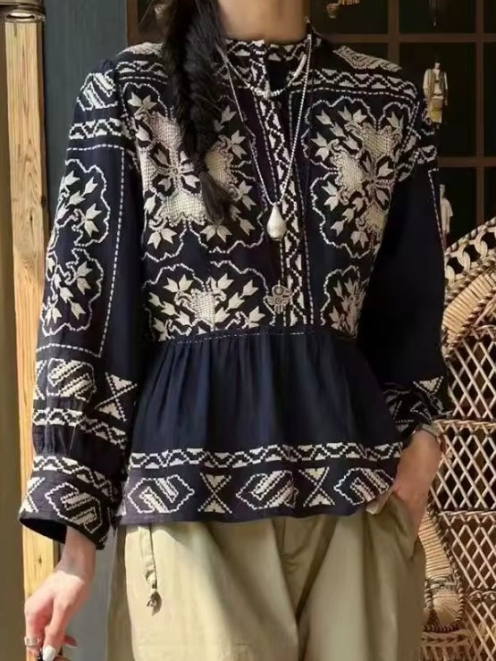 Navy blue and white embroidered shirt