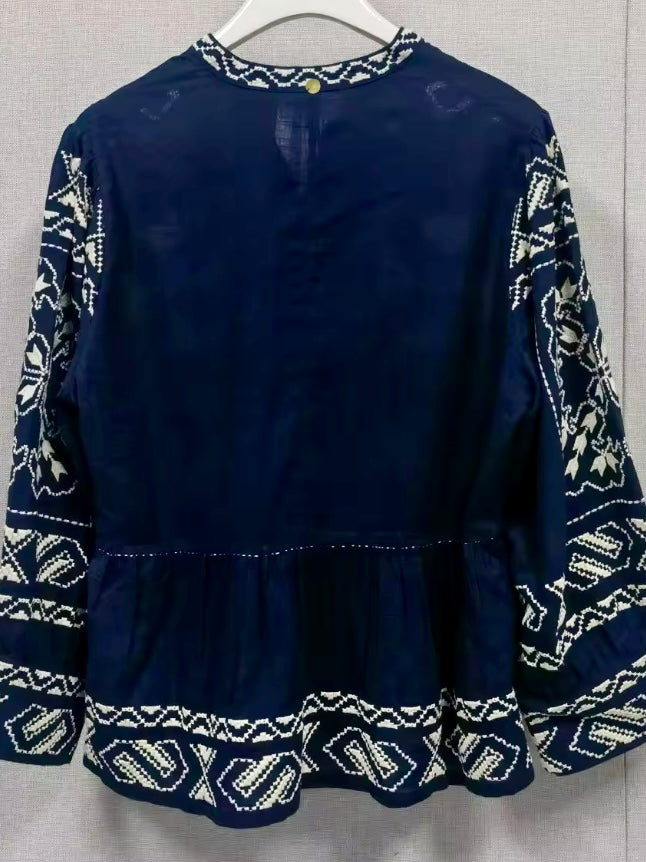 Navy blue and white embroidered shirt
