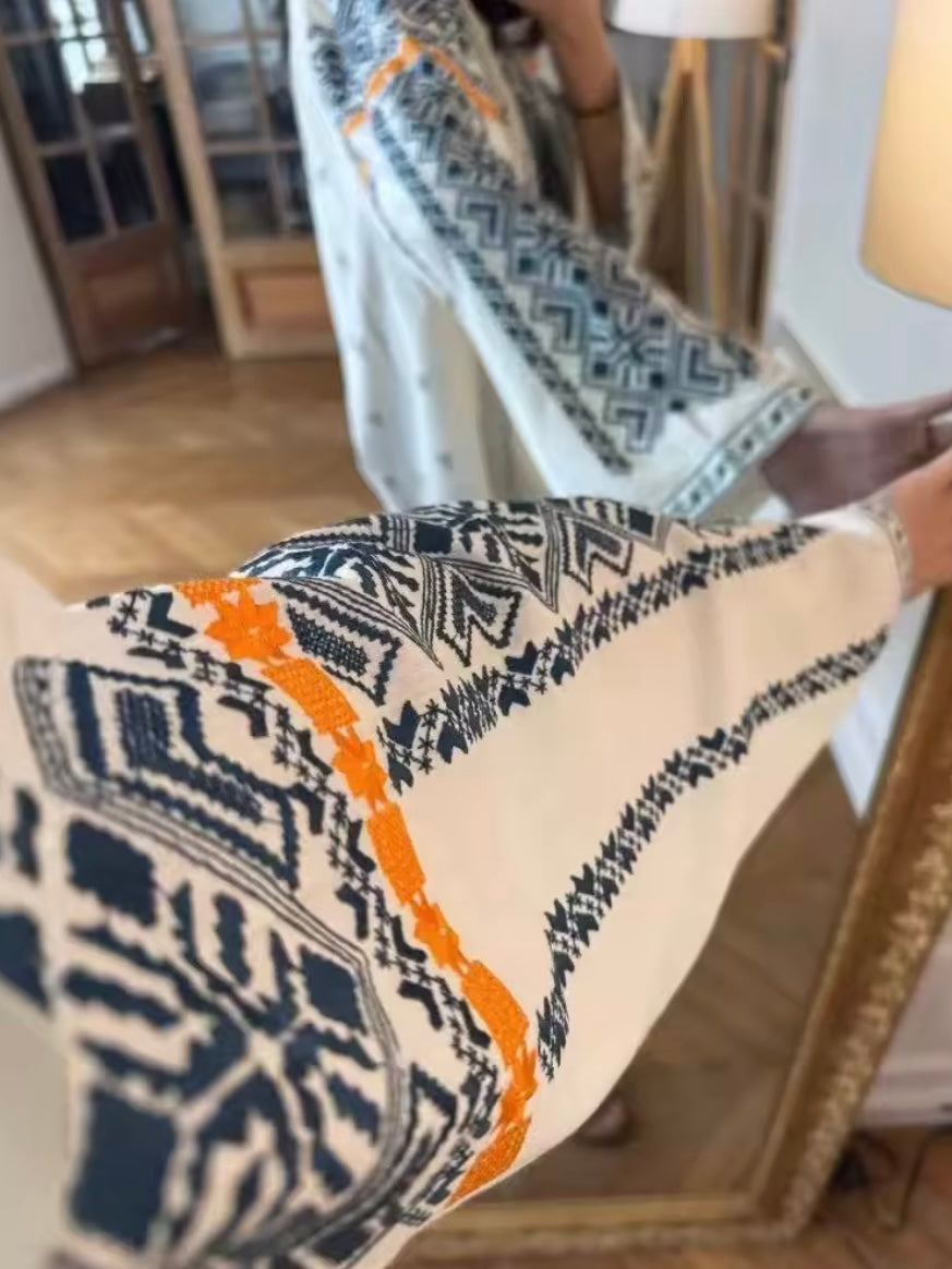 Beige and blue embroidered details shirt