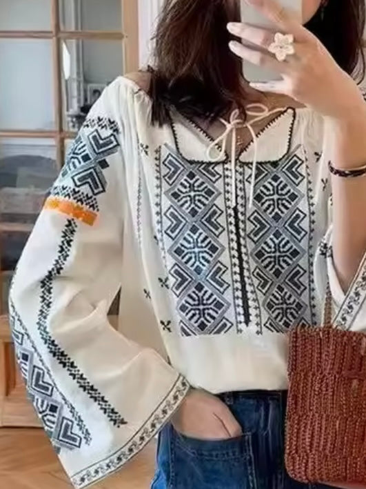 Beige and blue embroidered details shirt