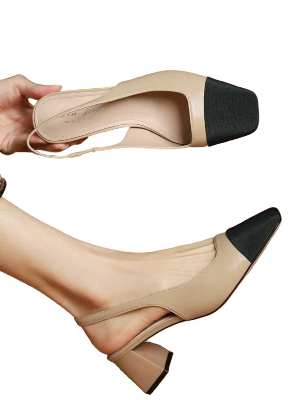 Beige and black low square heel shoes - Wapas