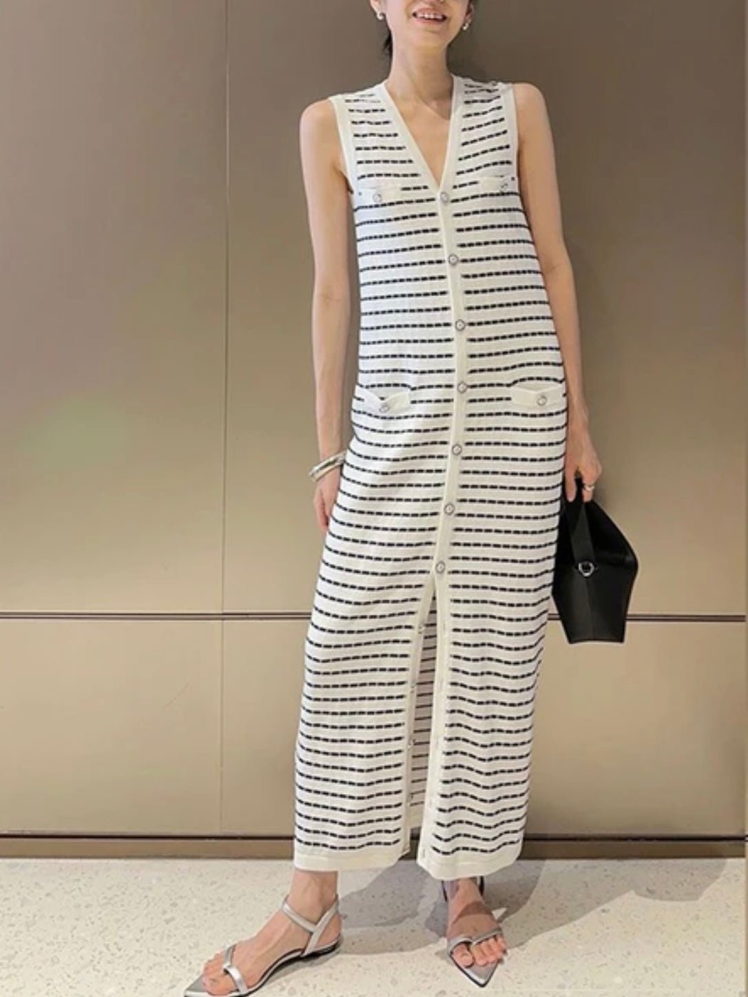 Beige and black striped knitted dress - Wapas