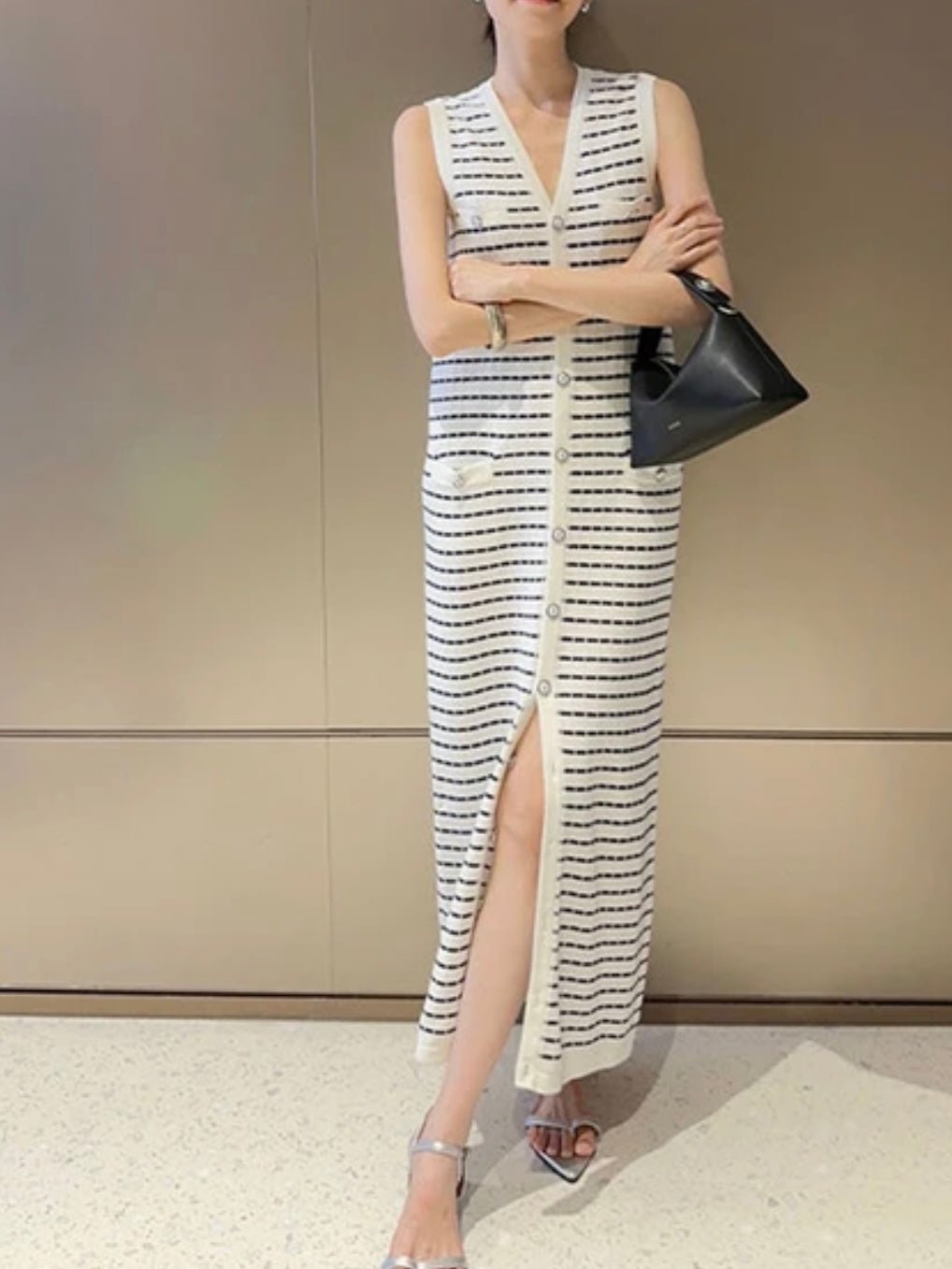 Beige and black striped knitted dress - Wapas