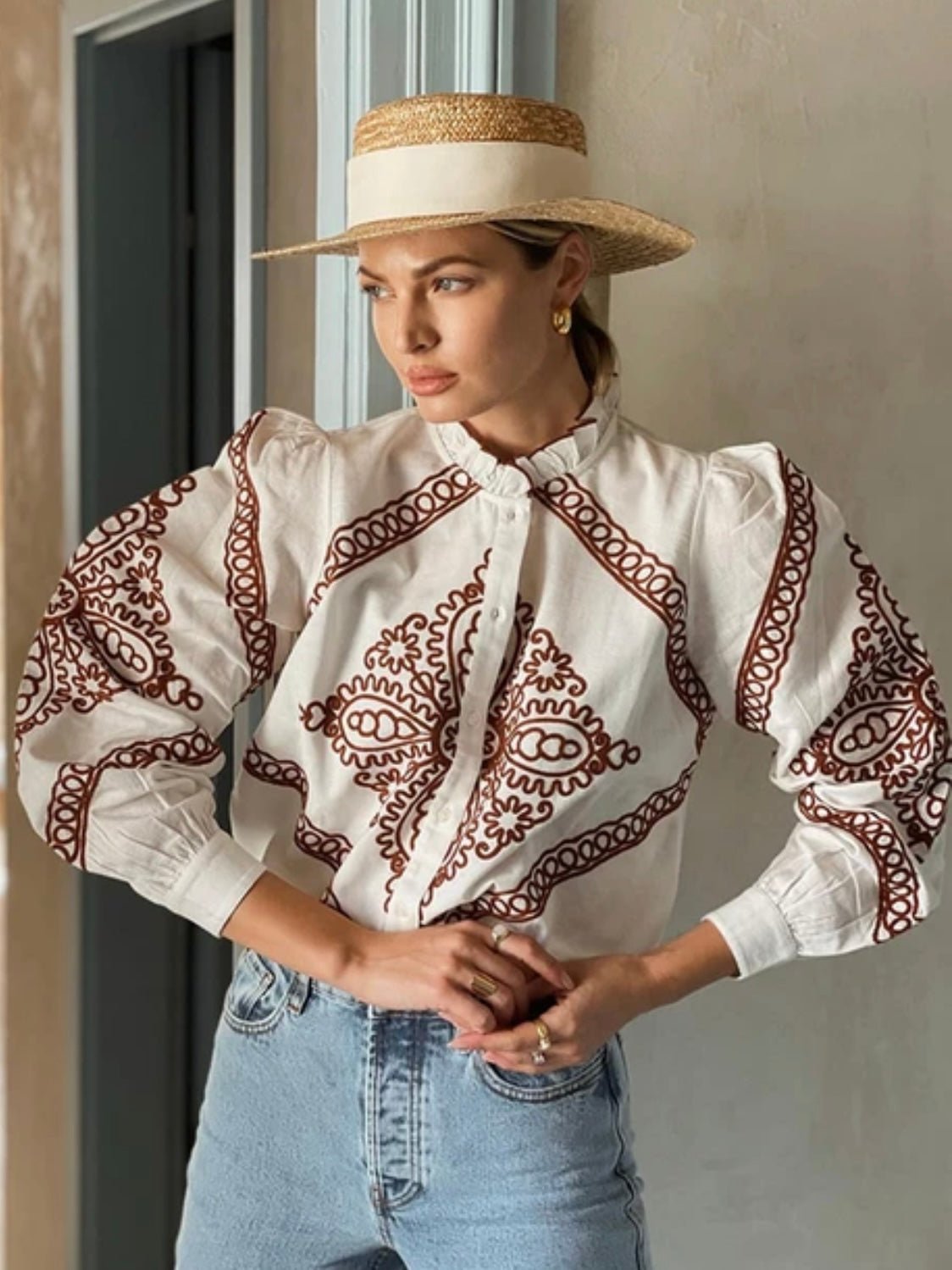 Beige and burgundy embroidered shirt - Wapas