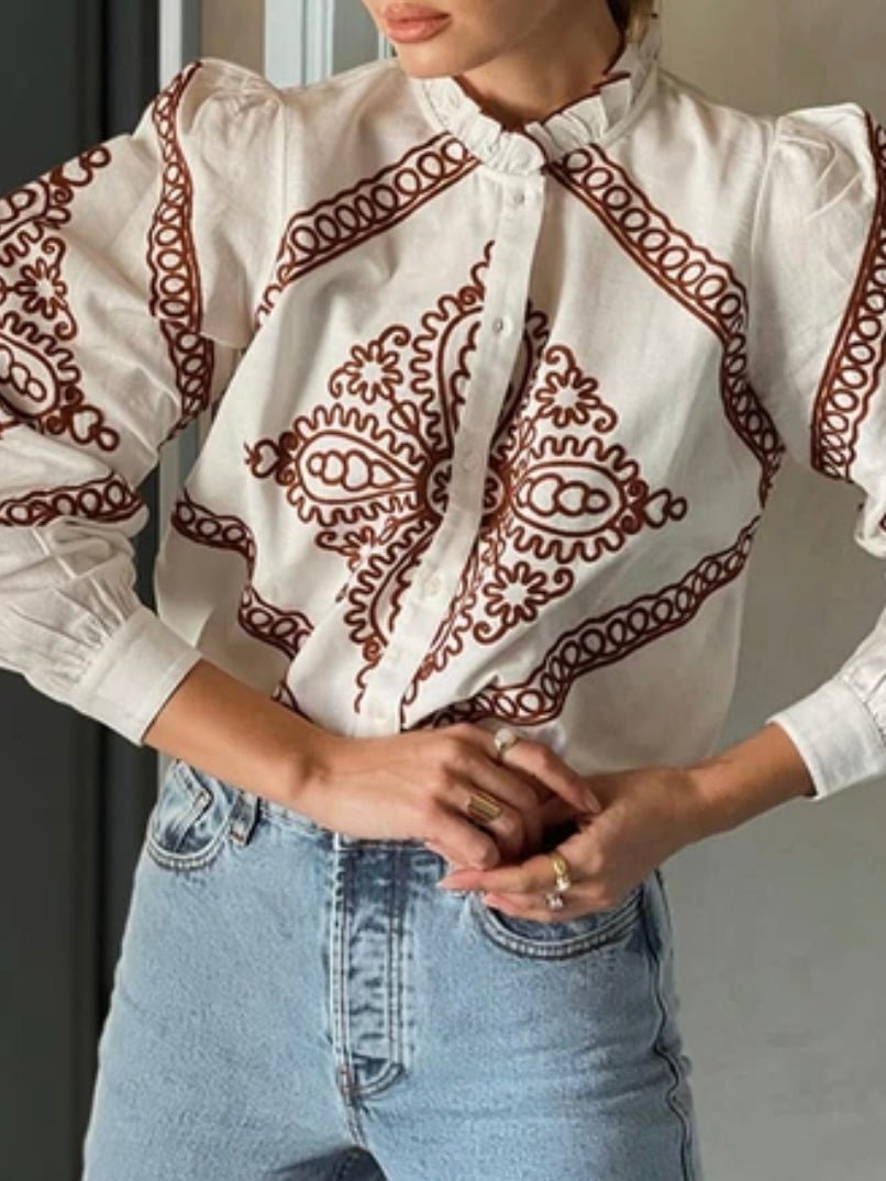 Beige and burgundy embroidered shirt - Wapas