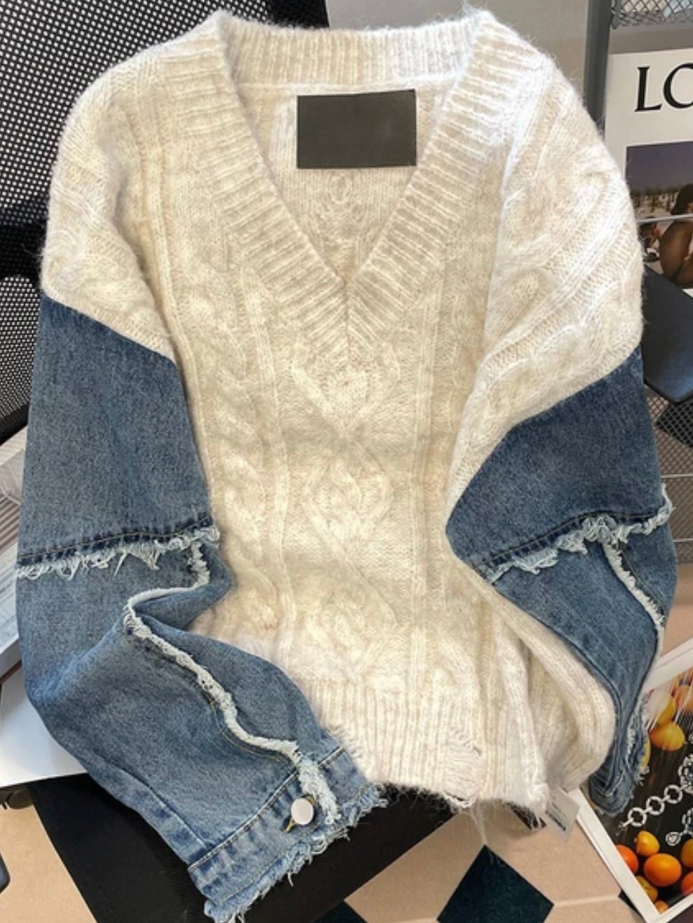 Beige and denim mix fabrics top sweater - Wapas