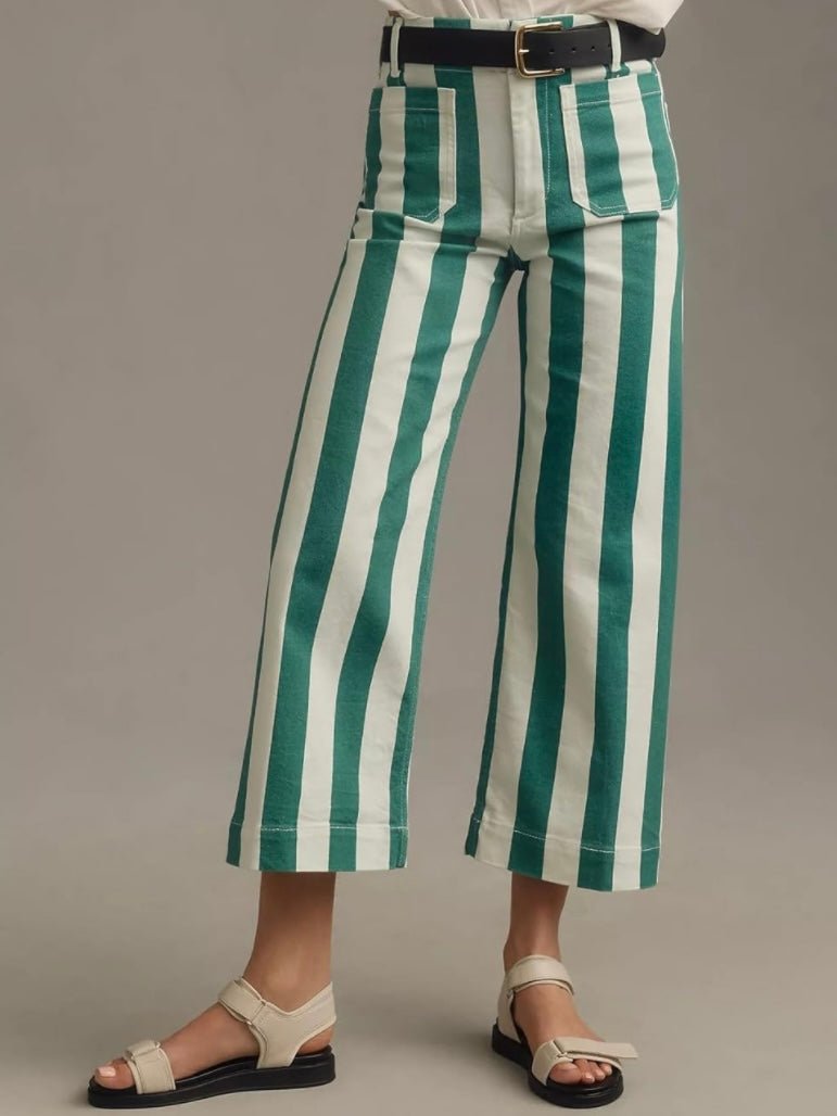 Beige and green striped wide leg Capri pants - Wapas