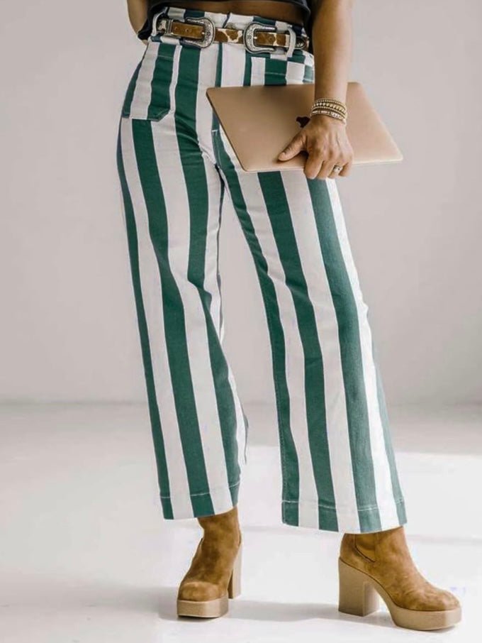 Beige and green striped wide leg Capri pants - Wapas