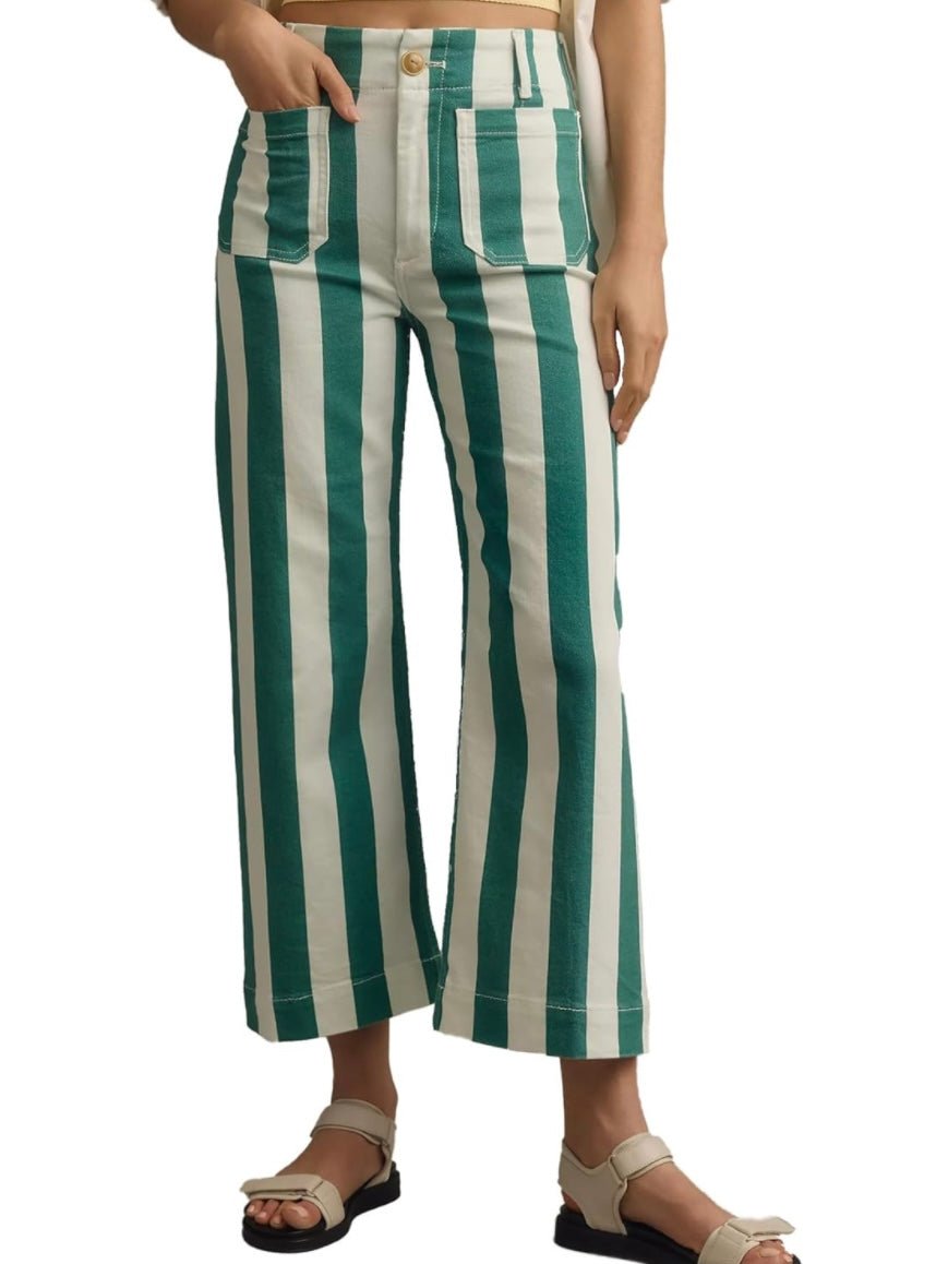 Beige and green striped wide leg Capri pants - Wapas