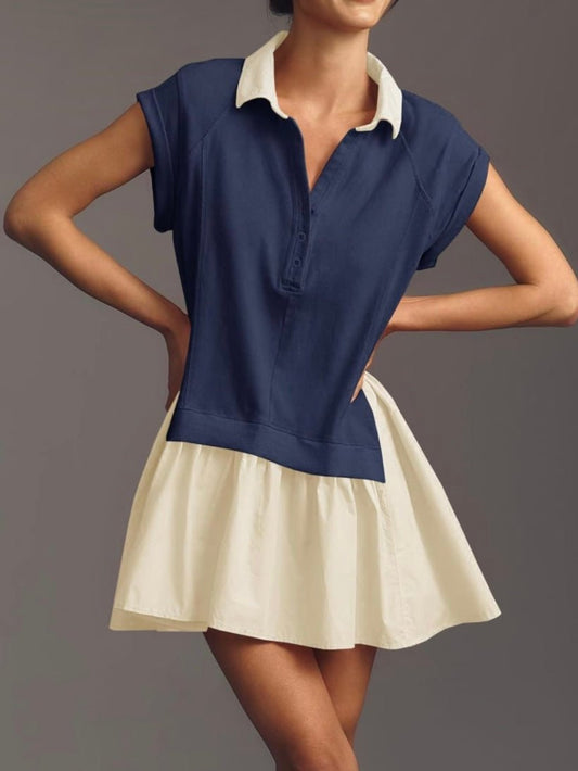 Beige and navy blue mix fabrics short dress - Wapas