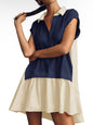 Beige and navy blue mix fabrics short dress - Wapas