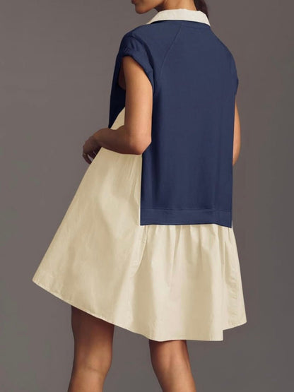 Beige and navy blue mix fabrics short dress - Wapas