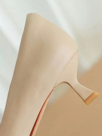 Beige apricot bow mid heels shoes - Wapas