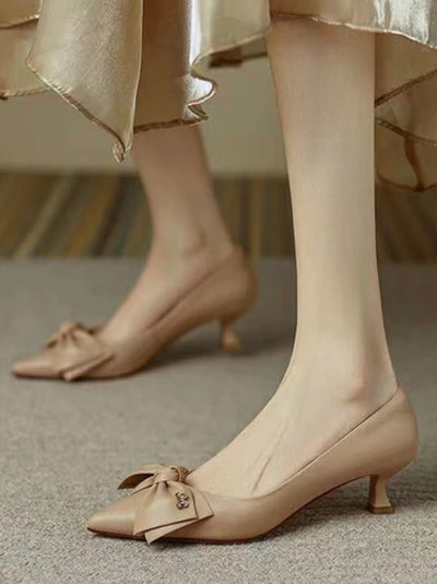 Beige apricot bow mid heels shoes - Wapas