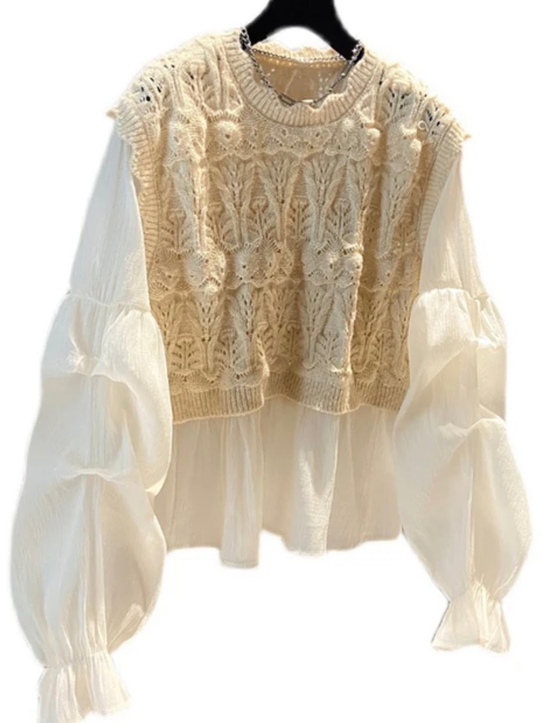 Beige asymmetric mix fabrics top sweater - Wapas