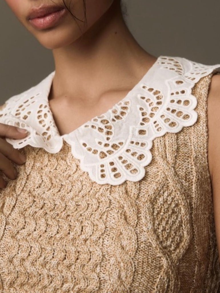 Beige boho knitted top and white neck - Wapas