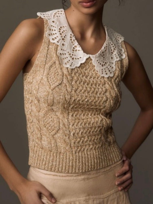 Beige boho knitted top and white neck - Wapas