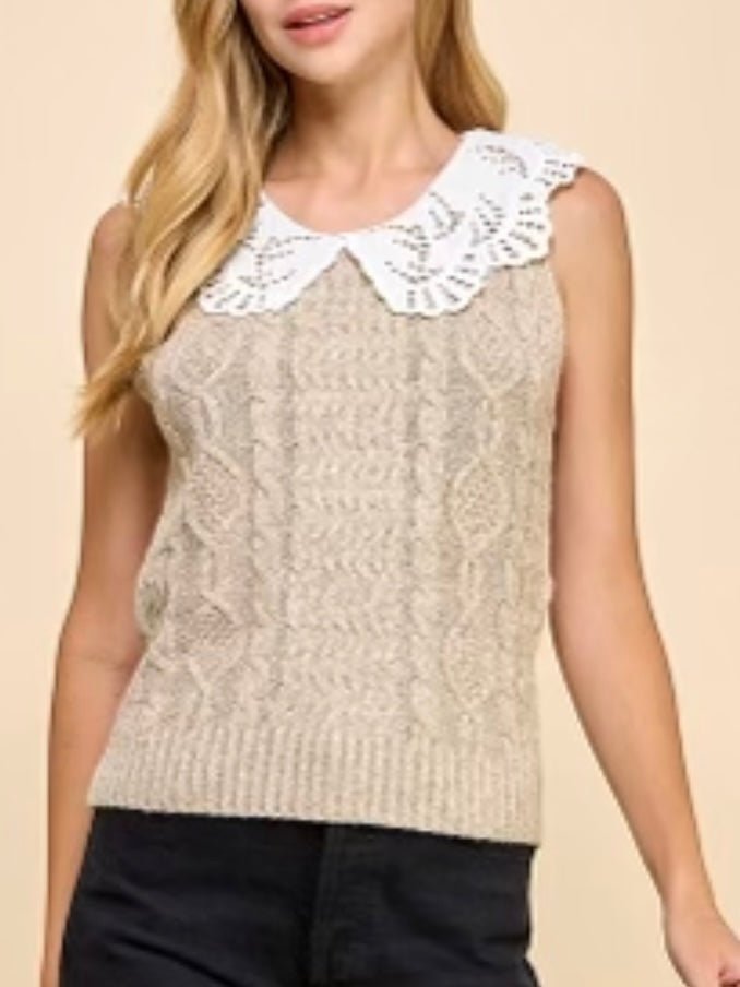 Beige boho knitted top and white neck - Wapas