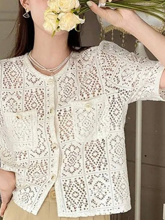 Beige crochet lace jacket - Wapas