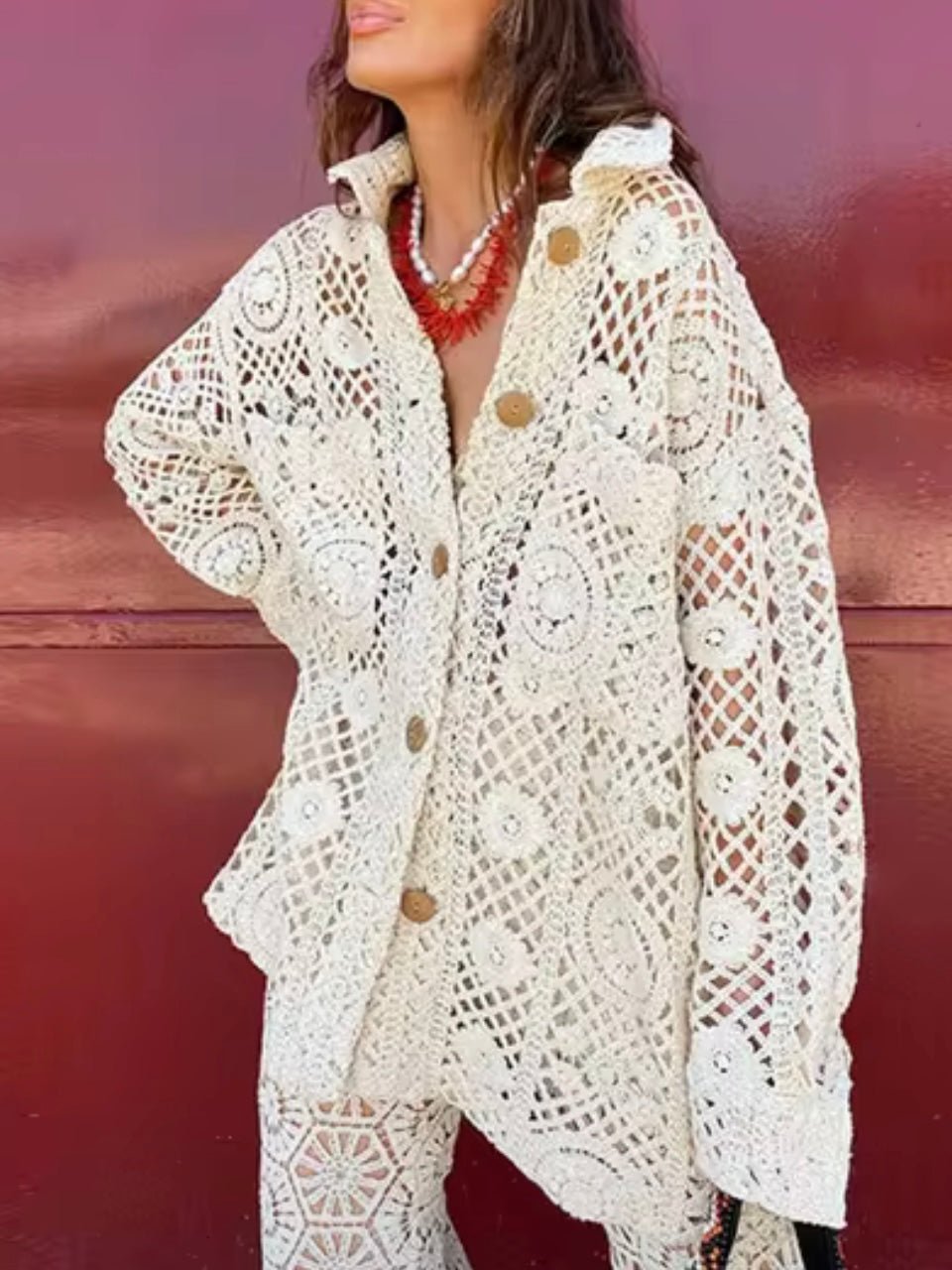 Beige crochet lace jacket - shaket - Wapas