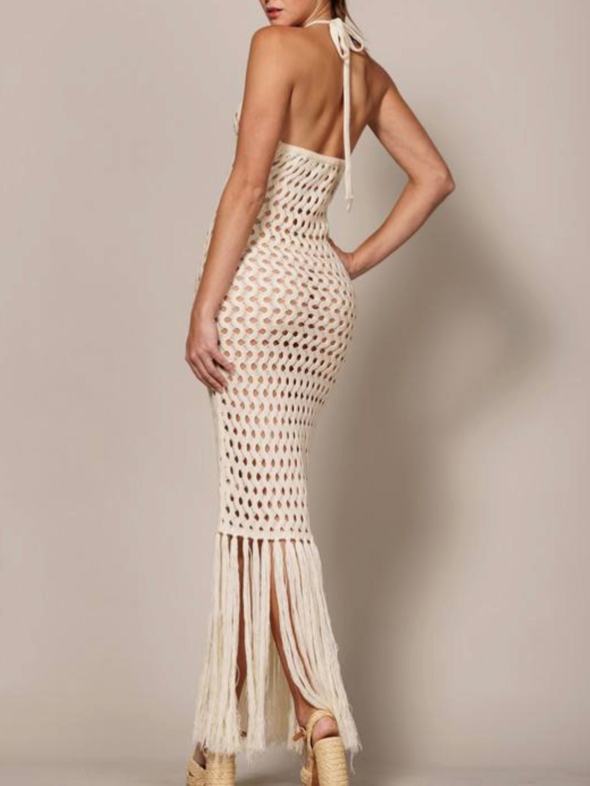 Beige crochet spaghetti fringes tassels tube maxi dress - Wapas