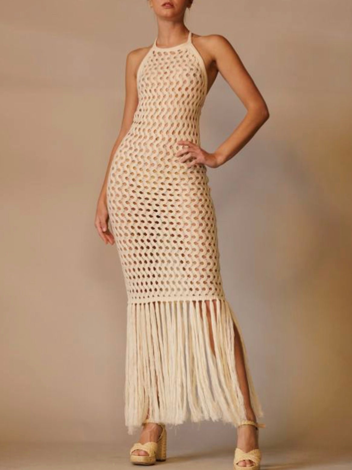 Beige crochet spaghetti fringes tassels tube maxi dress - Wapas