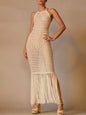 Beige crochet spaghetti fringes tassels tube maxi dress - Wapas