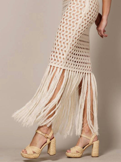 Beige crochet spaghetti fringes tassels tube maxi dress - Wapas