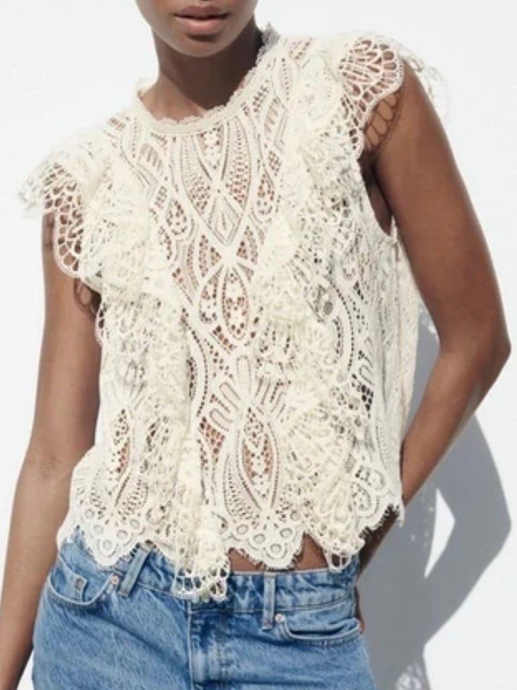 Beige embroidered texture lace top - Wapas