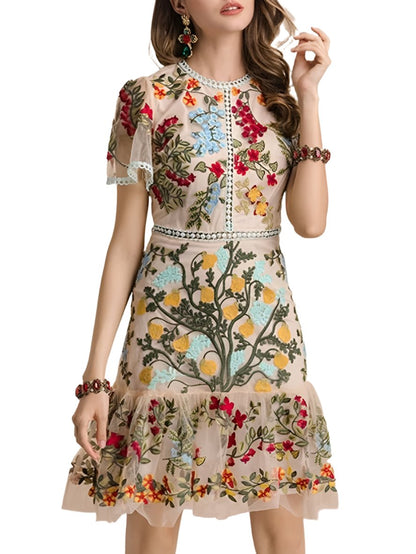 Beige flowers embroidered mini dress - Wapas