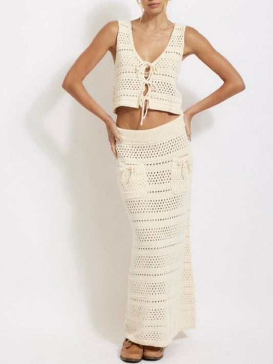 Beige knitted set of 2 top and tube skirt - Wapas