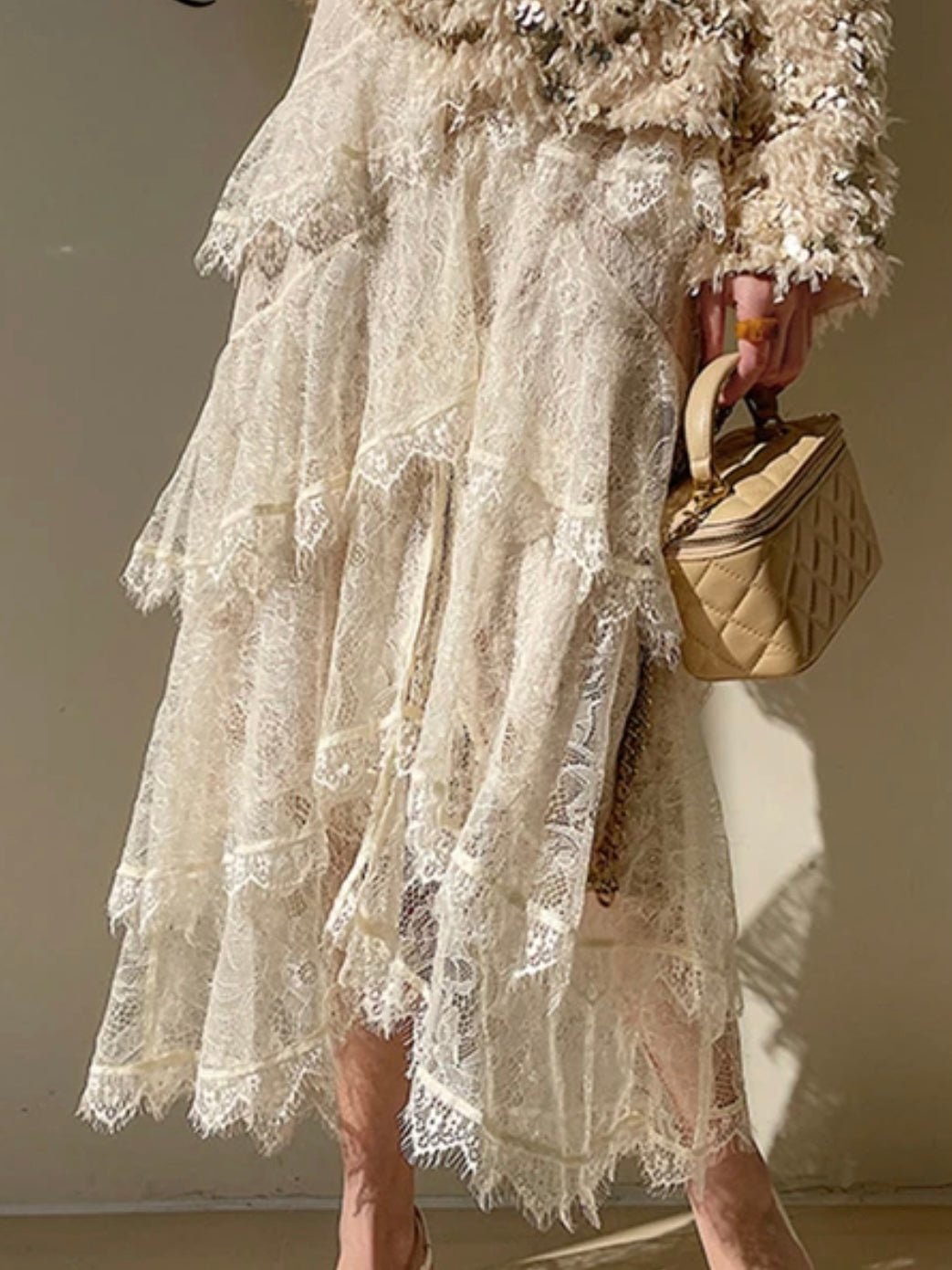 Beige lace fabric asymmetrical layered midi skirt - Wapas